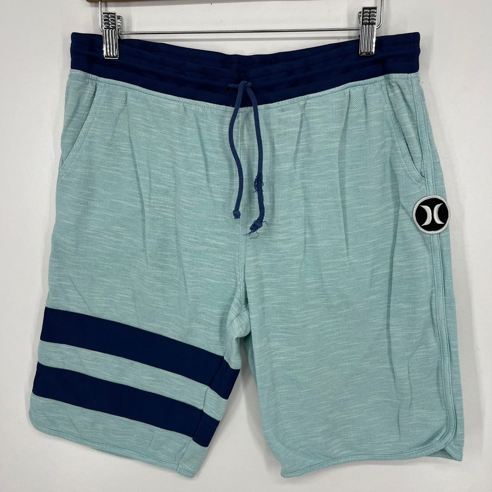 Hurley Mens Knit Drawstring Shorts Teal Navy Blue Striped Size Medium